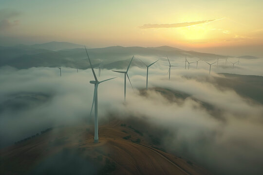 Serene wind farm amidst misty hills at sunrise.