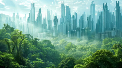 Futuristic cityscape with lush forest