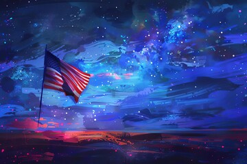 American flag waving among starry night sky, patriotic illustration, digital painting