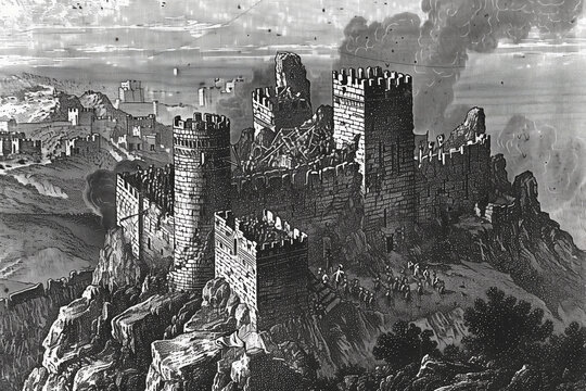 A black and white illustration depicting a castle on a hill under siege in medieval times