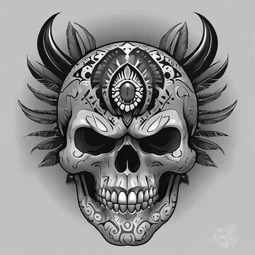 Black and white illustration skull 
