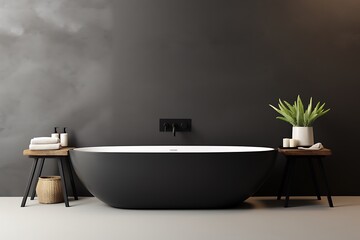 Interior of modern bathroom with gray walls, tiled floor, comfortable white bathtub and wooden shelf with potted plants.