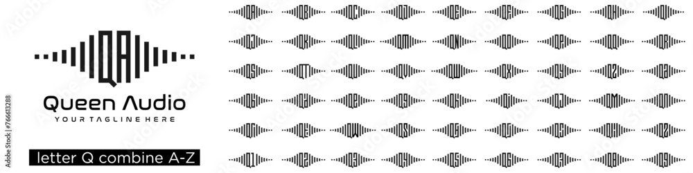 Poster set of audio logo design combined letter q with a to z and numbers from 1 to 9. vector illustration