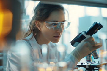 Scientist examining sample through microscope in lab - obrazy, fototapety, plakaty