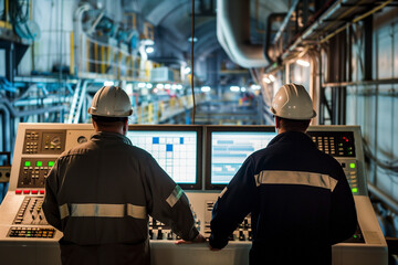 Two engineers operating control panels in an industrial environment