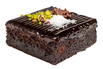 Moist chocolate cake dessert isolated on white background. Slice of milk and chocolate cake on wooden serving board. local name islak kek
