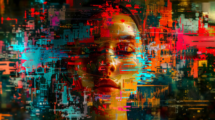 Artistic depiction of a human face dissolving into digital pixels and abstract elements - obrazy, fototapety, plakaty
