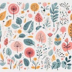 A collection of seamless pattern, colorful abstract plants and flowers. Hand drawn Collection of leaves and flowers. A close up of a pattern of flowers and leaves.

