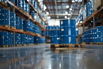 Fototapeta premium Blue barrel drums on pallets in warehouse prepared for shipment to customer in the chemical manufacturing industry. Concept Chemical Manufacturing Industry, Warehouse Operations
