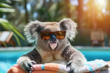 Fototapeten Cute koala in sunglasses relaxing at the pool. © Obsidian