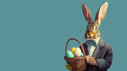 An important Easter bunny in a tuxedo holding a basket of Easter eggs in his paws, on a blue background. with copied space - obrazy, fototapety, plakaty