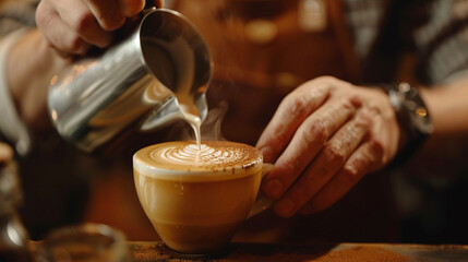 Close-up photo of the hands of barista making coffee and drawing on it. Cozy morning with a cup of coffee