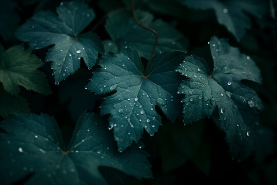 Fototapeta Dew drops on dark green leaves.