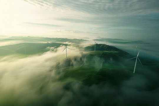 Wind turbines above mist-covered hills at dawn