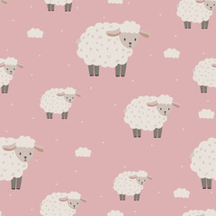 Seamless vector pattern with white sheep, cute kids background, vintage aesthetic