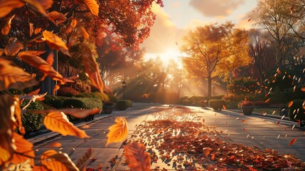 Serene Autumn Splendor: A panoramic view of a tranquil park during fall, showcasing a spectrum of vibrant foliage.