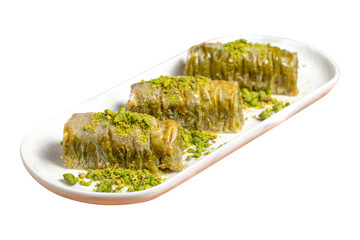 Pistachio baklava isolated on white background. Sherbet dessert. Baklava with pistachios and syrup
