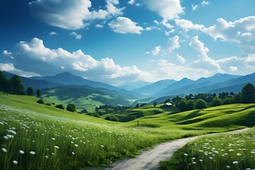 beautiful summer landscape with green meadow and blue sky with clouds