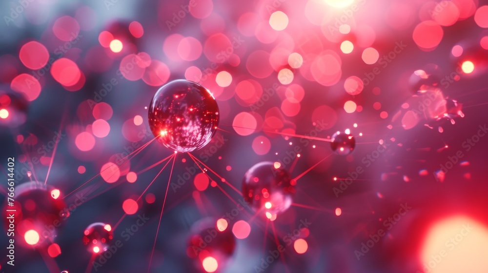 Aufkleber a digital illustration of a glowing red nanostructure with interconnected spheres on a bokeh backgro