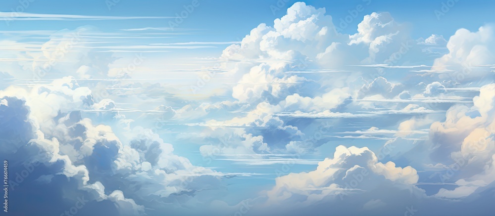 Wall mural a visual artwork depicting a view of the sky filled with fluffy clouds and an airplane soaring in th