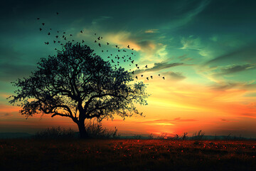 Fototapeta na wymiar Beautiful photo of large tree against the backdrop of the setting sun and birds flying past. Summer sunset