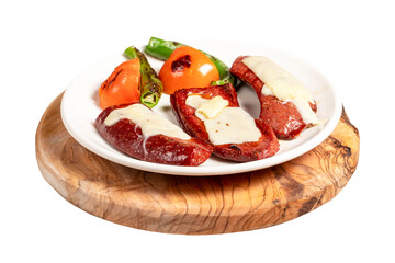 Grilled sausage isolated on white background. With Tomatoes, Peppers, Appetizers and Special Sauce. Grilled sausage with melted kashar on top