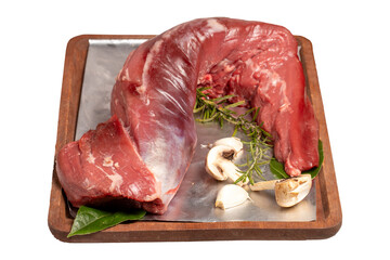Beef Tenderloin. Butcher products. Raw beef tenderloin  isolated on white background.
