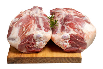 leg of lamb Butcher products. Raw lamb leg meat with bones isolated on white background.