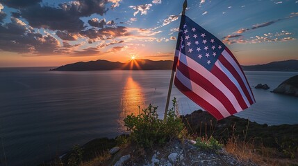 The American flag caught in a moment of glory at sunset, the stripes bathed in the warm hues of the fading light, and the stars sparkling against the twilight.