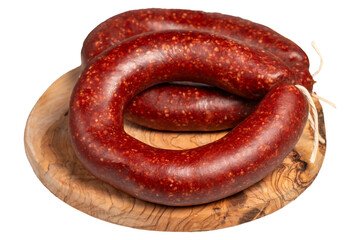Spicy beef sausage. Butcher products. Turkish beef sausage isolated on white background.