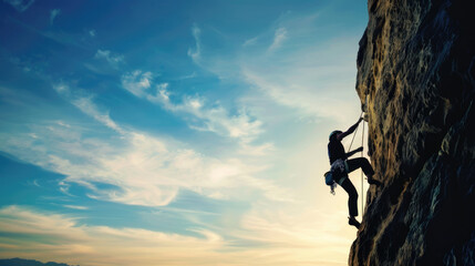 A man in climbing gear ascending a steep rocky mountain face - obrazy, fototapety, plakaty