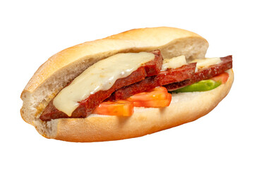 Turkish bread sandwich with kashar sausage isolated on white background. Sausage in bread prepared with tomatoes, peppers and meatballs. Local name ekmek arası sucuk