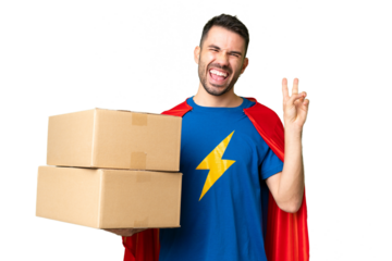 Super Hero delivery caucasian man over isolated chroma key background smiling and showing victory sign