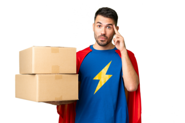 Super Hero delivery caucasian man over isolated chroma key background thinking an idea