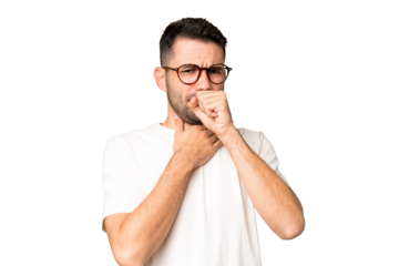 Young handsome caucasian man over isolated chroma key background coughing a lot