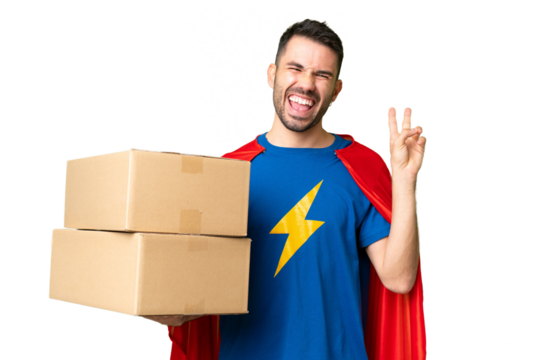 Super Hero delivery caucasian man over isolated chroma key background smiling and showing victory sign