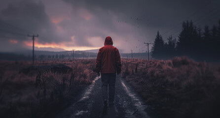 A solitary person in a red jacket walks away on a rural path under a moody, cloud-filled sky as evening falls - obrazy, fototapety, plakaty