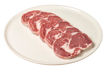 Raw beef ribeye meat. Butcher products. Fresh beef ribeye meat isolated on white background.