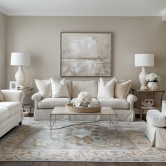 A tastefully decorated living room boasts a serene color palette, with plush sofas, elegant lamps, and an abstract painting creating a harmonious space perfect for relaxation or social gatherings.