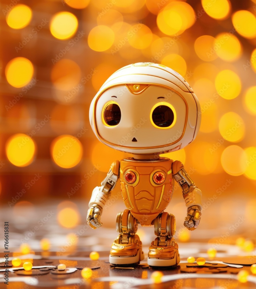Poster a small robot with glowing eyes on a table in front of lights. generative ai.