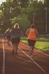 A group of fat individuals are running on a track, showcasing their athleticism and teamwork in a sports event