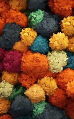 A close up of a pile of colorful flowers in the shape of hearts. Generative AI.