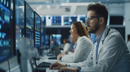 Two individuals intently work at a high-tech workstation with multiple monitors displaying graphs and data analytics