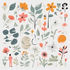 A collection of seamless pattern, colorful abstract plants and flowers. Hand drawn Collection of leaves and flowers. A close up of a pattern of flowers and leaves.

