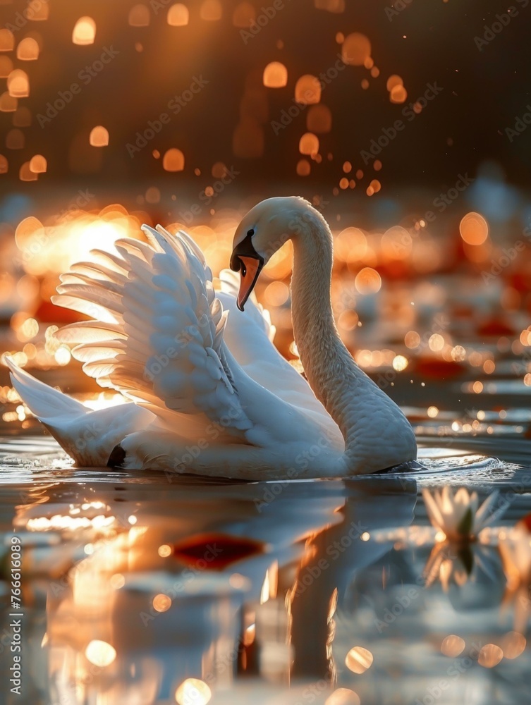 Poster a swan is floating on the surface of a lake with lights shining in it. generative ai.