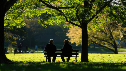 Two individuals are seated on a park bench, enjoying a moment of relaxation and conversation in a green outdoor setting