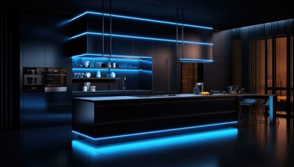 A black and blue kitchen with a counter top that is lit up. Generative AI.