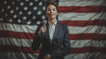 A woman standing in front of an American flag, holding a microphone - obrazy, fototapety, plakaty