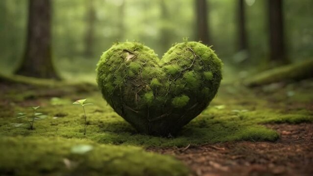 Heart with moss on the ground of a forest. Design for Earth day and concept for eco-friendly created with generative ai