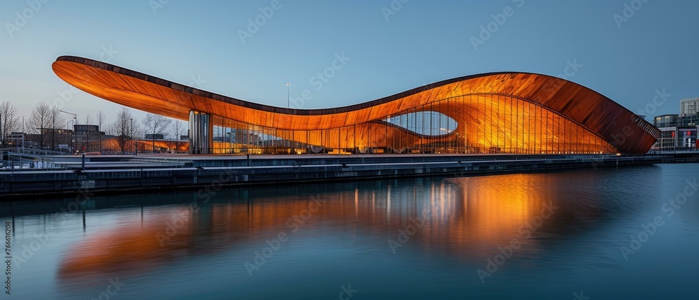 Poster a building that has a curved shape on it's roof. generative ai.